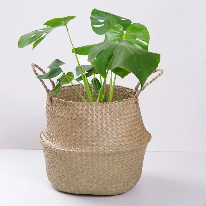 Handmade Bamboo Storage Baskets Foldable Laundry Straw Patchwork Wicker Rattan Seagrass Belly Garden Flower Pot Planter Basket