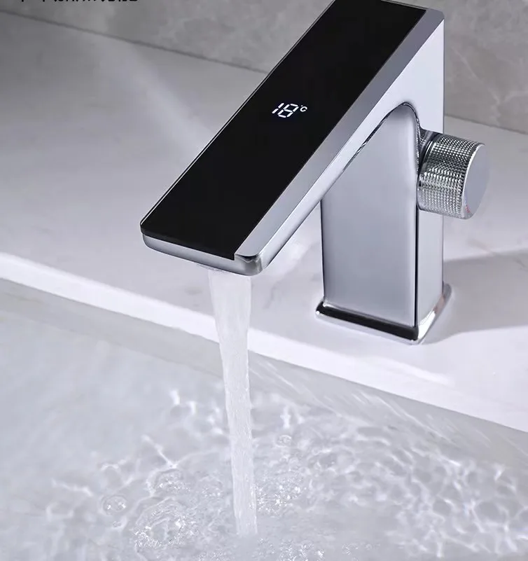 

Electroplated brass material with display temperature fashion basin faucet rotary switch washbasin faucet