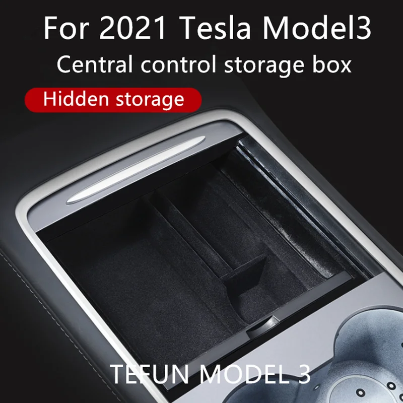 

TEFUN For Tesla Model 3 Y 2022 2023 Storage Box Car Central Armrest Flocking/ABS Storage Box Organizer Model 3 2021 Accessories