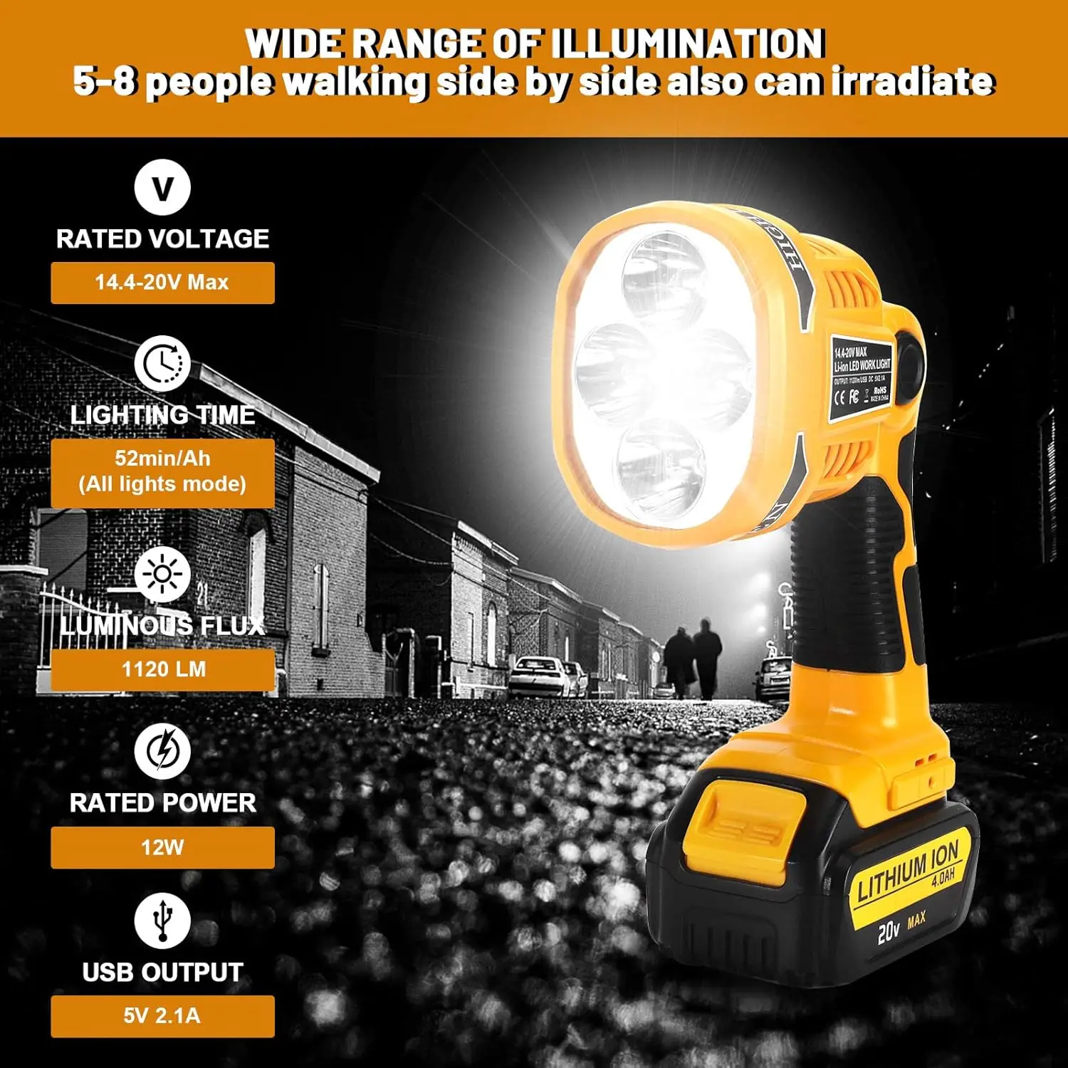 Flashlight for Dewalt 20v Battery 12W 1120LM LED Work Light Portable Spotlight w