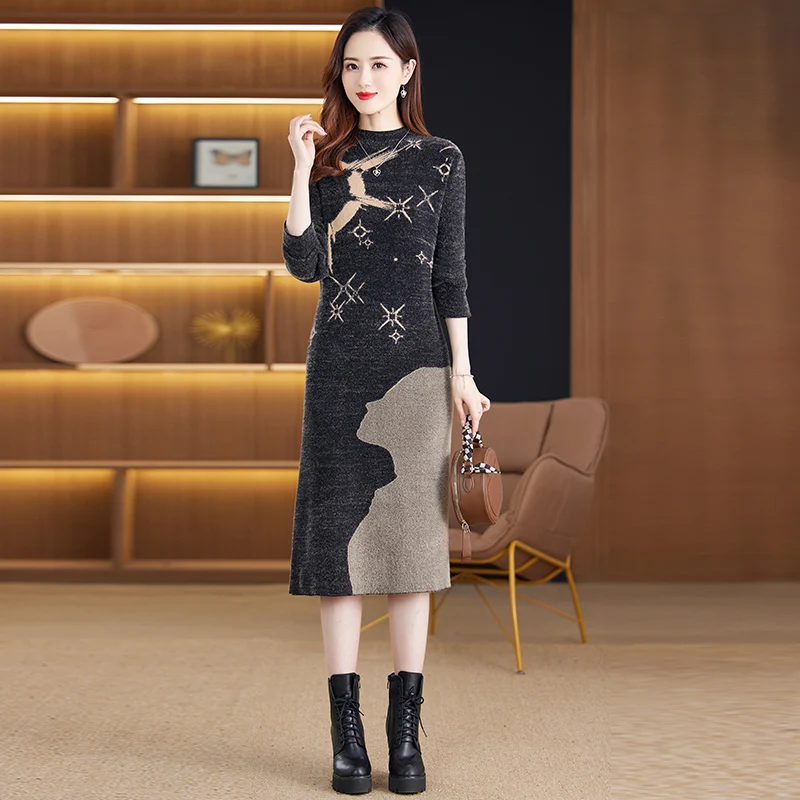 

2023 Autumn/Winter New Mink Plush Jacquard Knitted Wool Dress Women's Loose Elastic Thickened Large Medium Length Bottom Dress