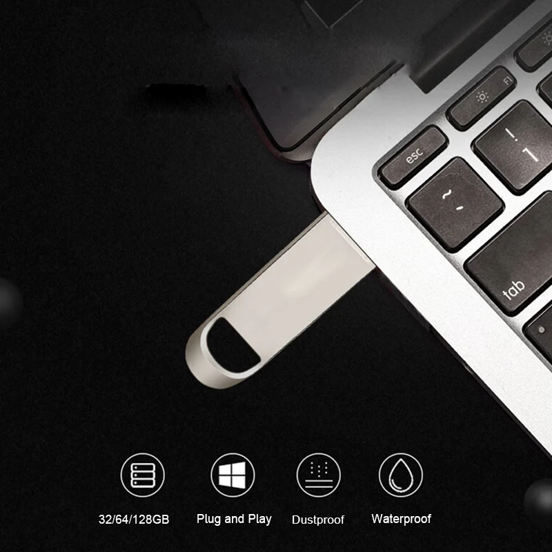 

Flash Drive USB2.0 Silver Waterproof 128GB 64GB 32GB Creative Metal Memory Stick Pendriver for Business Gifts