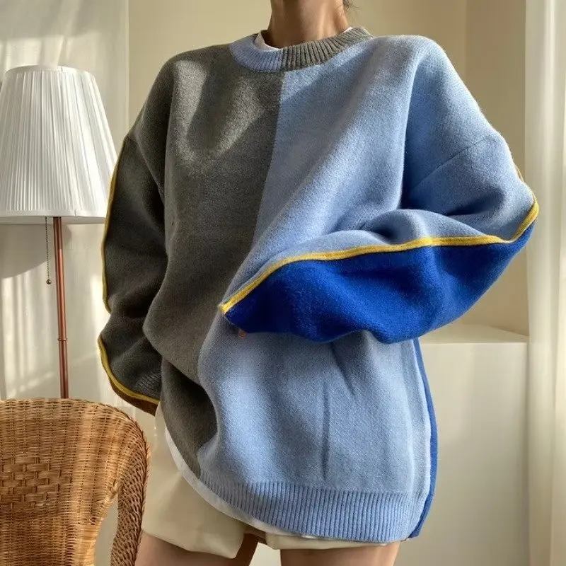 

EBAIHUI New Fashion Women's Sweater Color Contrast Panel Lazy Style Ladies Pullover Autumn Round Neck Loose Long Sleeve Knitwear