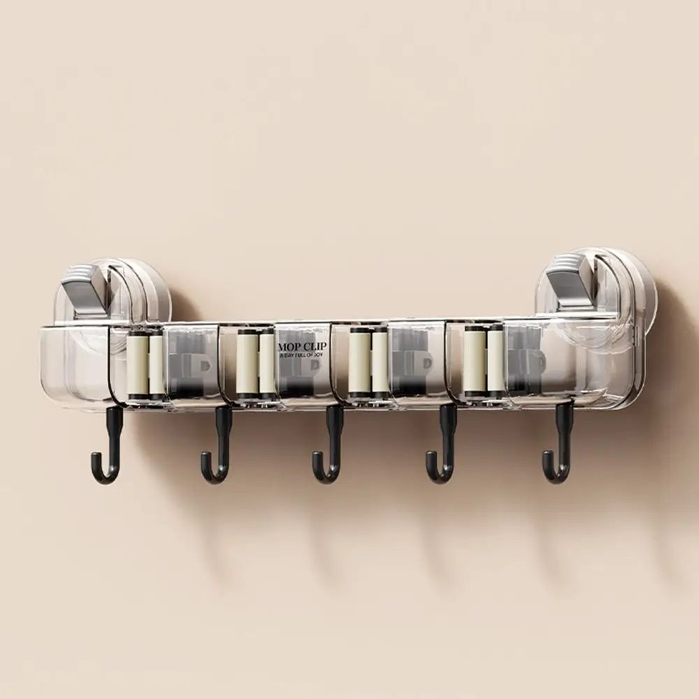Practical Plastic Suction Cup Mop Clamp Non Punching 4 Position Mop Holder with Hook Space Saving Broom Hanger Bathroom