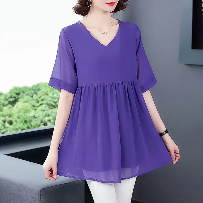 New Summer obesity Mid-length Chiffon Blouse Oversize Women Short sleeve Beautiful Self-cultivati Shirt blouse Show thin