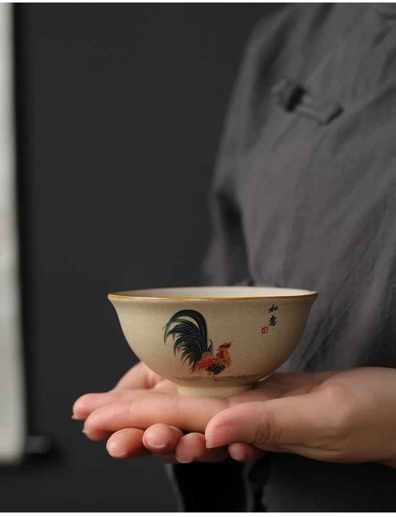 Description Picture 5 of itemAntique Pottery Ceramic Teacup Hand Painted Cock Tea Cup Travel Portable Tea Bowl Pu'er Master Cup Chinese Tea set Accessories