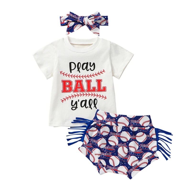 

Bmnmsl Baby Girls Summer Outfit Sets Short Sleeve Letter Print Tops + Baseball Print Tassel Shorts