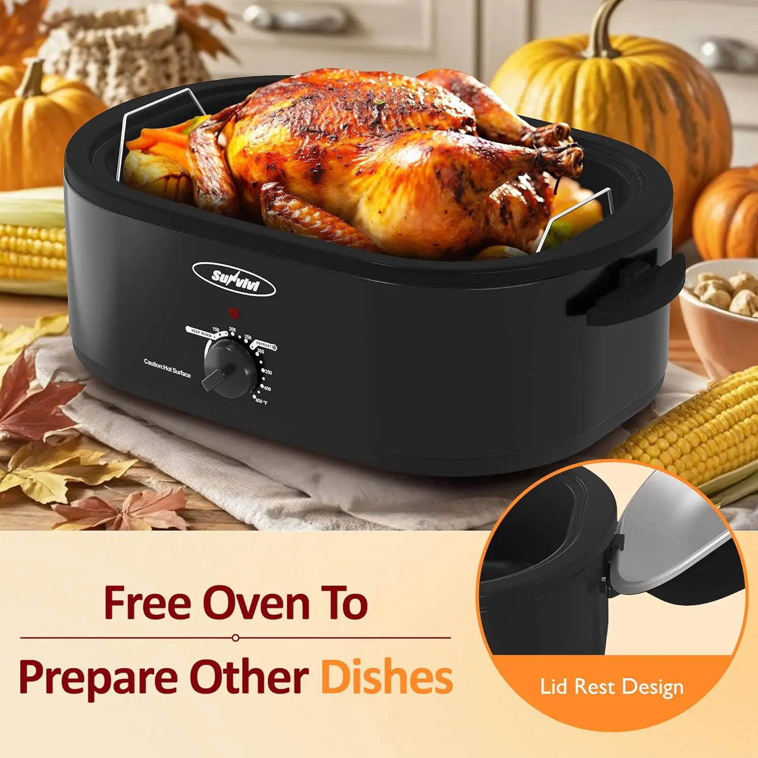 Quart Roasting Oven with Self-Basting Lid Removable Pan,Turkey Roaster Oven with 150 to 450F Temperature Control Cool-Touch Hand 3