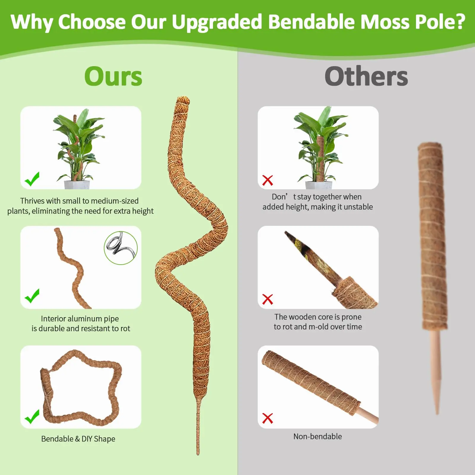1pc Bendable Moss Pole for Plants Moss Poles for Climbing Plants Coconut Palm Fiber Monstera Plant Support Handmade Coco plastic plant supports,plant climbing support,plant stem support,plant support stick