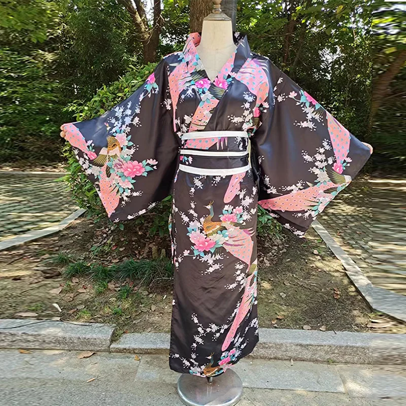Japanese Women Fashion Tradition Yukata Silk Rayon Kimono With Obi Flower Vintage Cosplay Costume Evening Dress One size