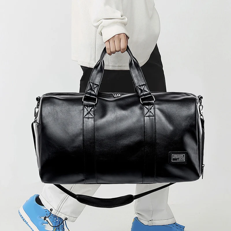 Large Sports Fitness Bag with Shoes Pocket for Men, Black Soft Leather, Big Gym Handbag, Outdoor Sports Luggage Pack, Tote Bags 5