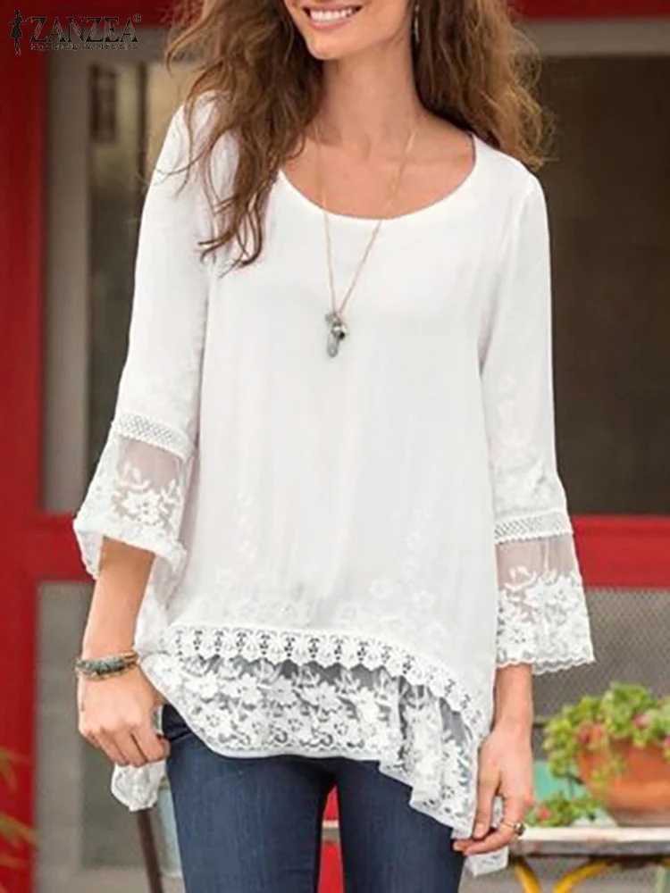 

ZANZEA Summer Fashion O Neck 3/4 Sleeve Shirt Casual Holiday Party Blusas Lace Patchwork Blouse Women Solid Tunic Tops Chemise