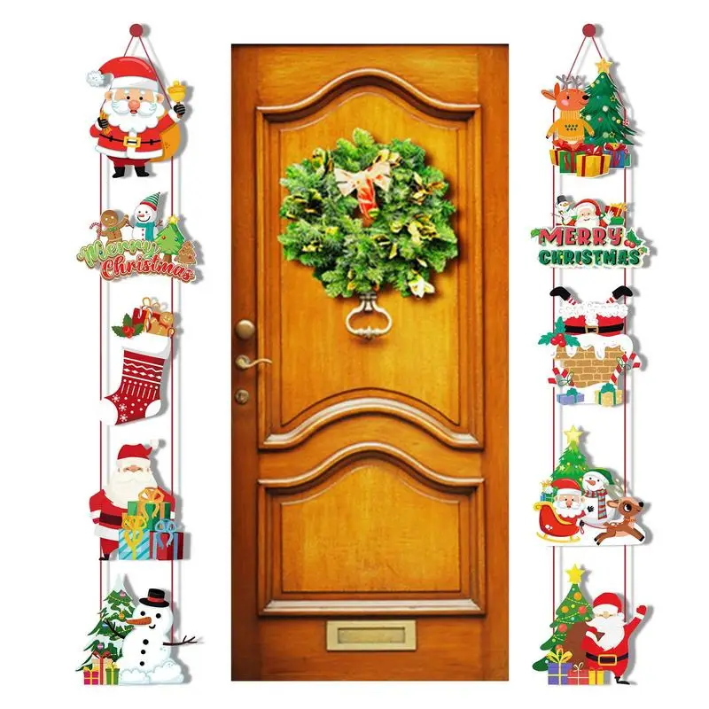 

Merry Christmas Door Porch Banner Sign Santa Claus Snowman Stocking Reindeer Door Porch Sign Banner Hanging Ornaments Door Decor