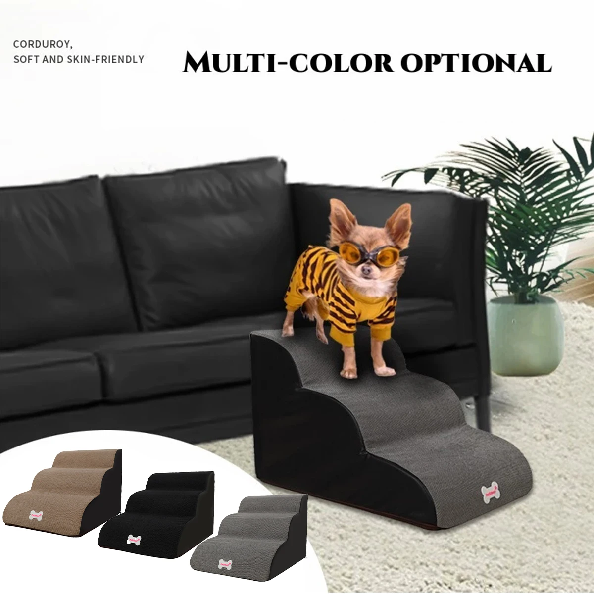 

Dog Stairs 3-Step Durable Sponge Pet Ladder for High Couch and Bed Detachable Dog Ramps with Removable Cover Non Slip Corduroy