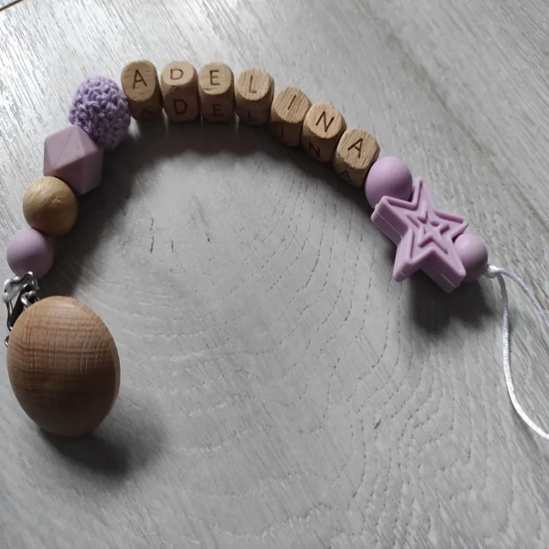 Personalized Name Beech Wood Baby Pacifier Clips Silicone Star Teether Soother Chain Infant Dummy Holder