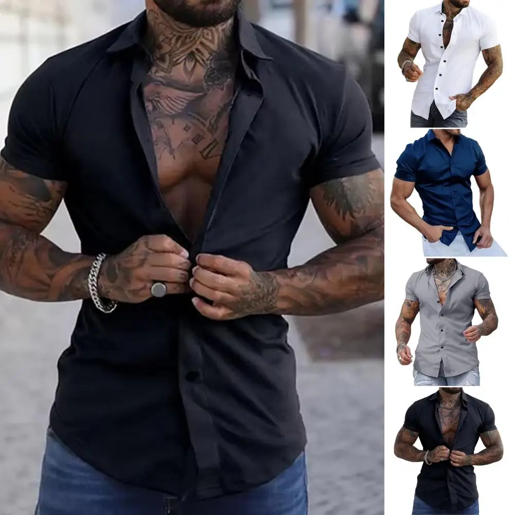 

Men Muscle-enhancing Shirt Stylish Men's Slim Fit Summer Shirt with Turn-down Collar Short Sleeves for Formal for Men