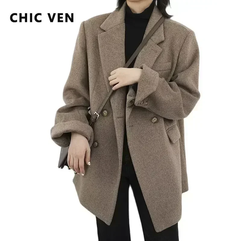 CHIC VEN Women Wool Blend Coat Solid Mid Long Woolen Blazer Thick Warm Blouse Women's Overcoat Office Lady Tops Autumn Winter 2