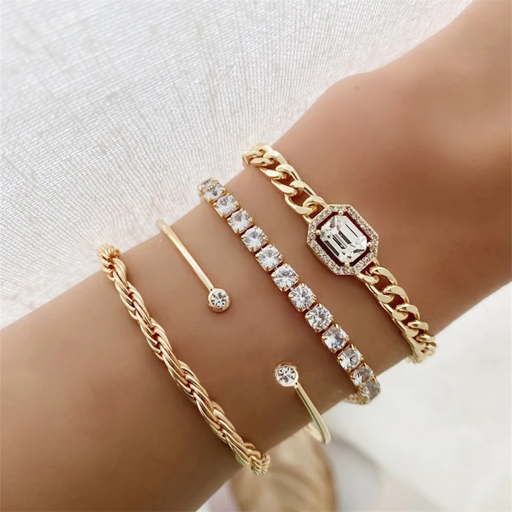 4Pcs/Set Rhinestone Decor Twisted Bangle Fashion Hollow Chain Layered Hand Geometry Simple Open Bracelet For Women Birthday Gift 1