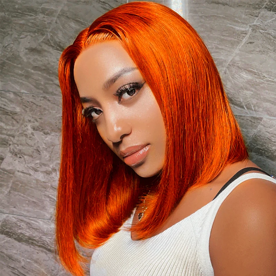

Short Bob Human Hair Wigs For Women 13X6X1 Straight HD Lace Front Wigs Orange Colored Remy Brazilian Hair Wigs Thick hair