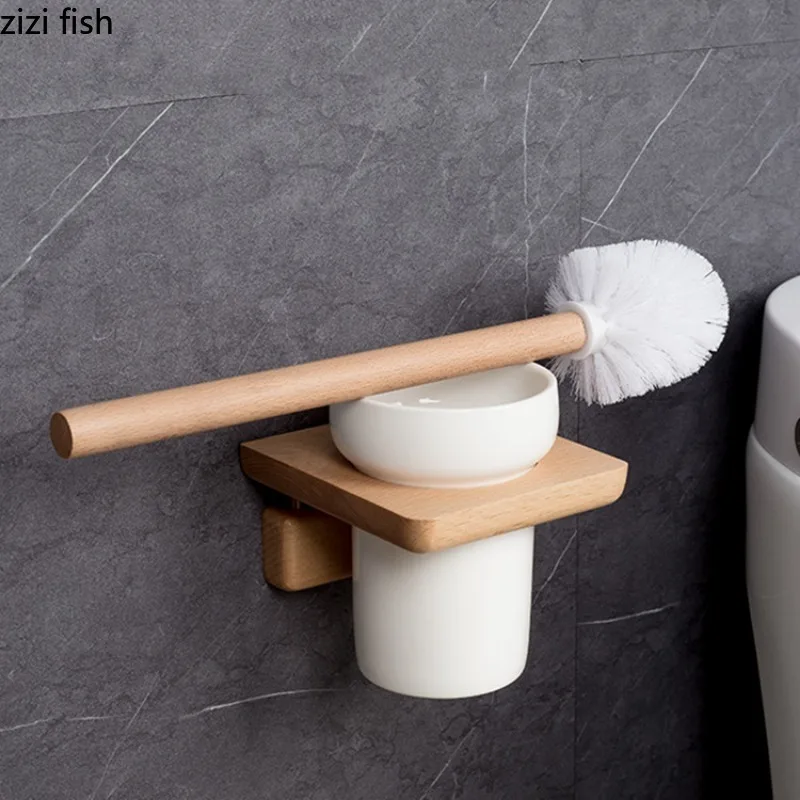 Bathroom Toilet Brush Set Wood Brushes Ceramic Base Wall Mounted No Punch Cleaning Brush Holders Bathroom Accessories