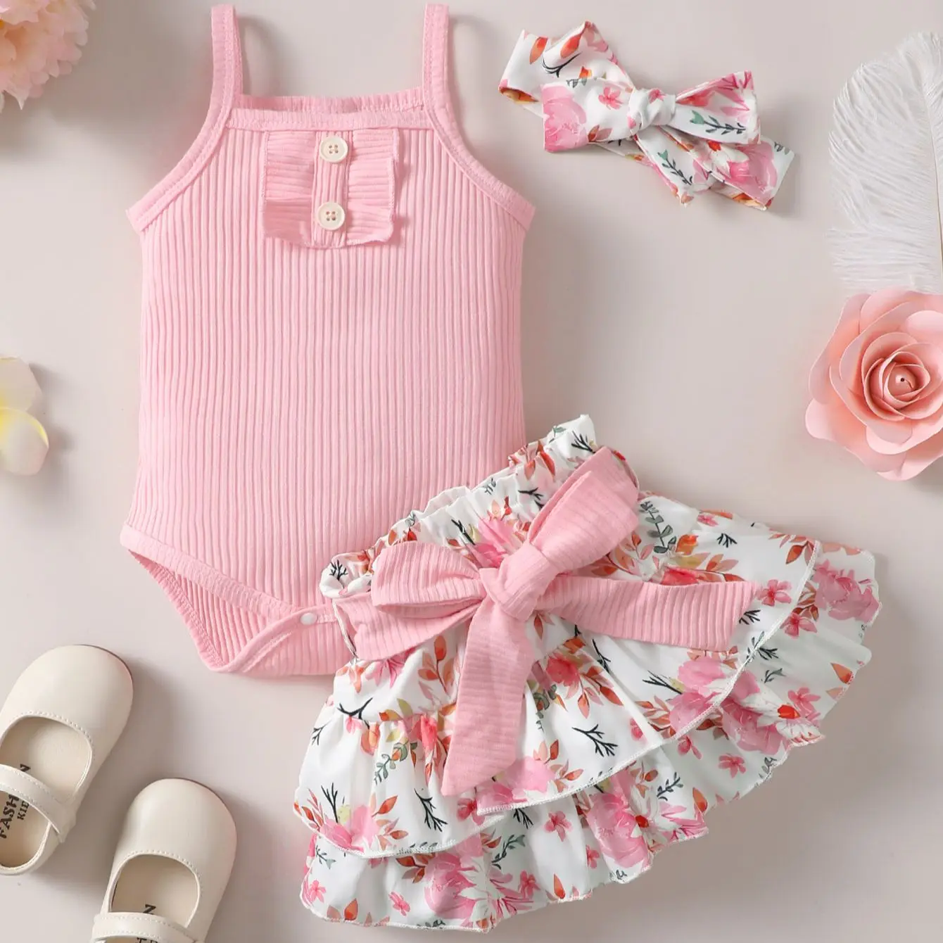 Baby Girl Floral Jumpsuit & Skirt Set 1