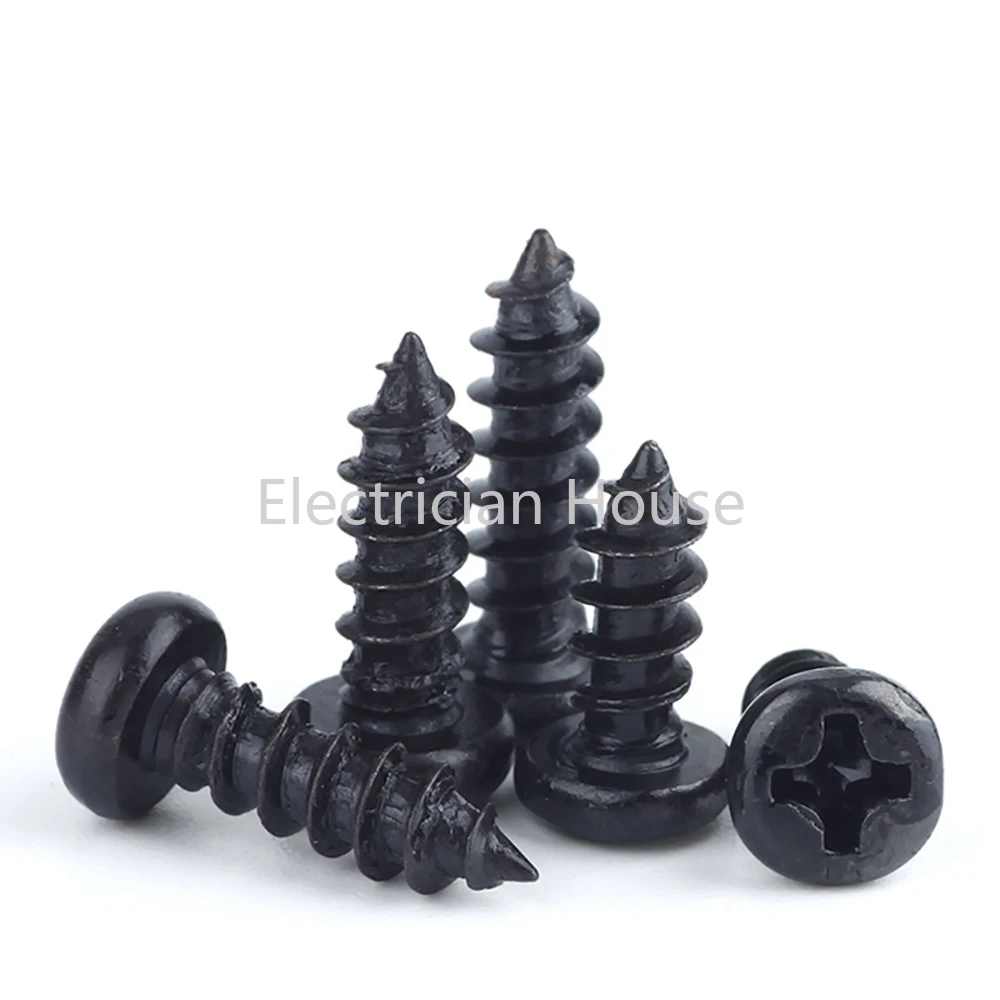 Self Tapping Screw 100 pcs/lot Cross Round Head Phillips M1 M1.2 M1.4 M1.5 M1.7 M2 M2.3 M2.6 M3 M3.5 M4 M5 Black Carbon Steel