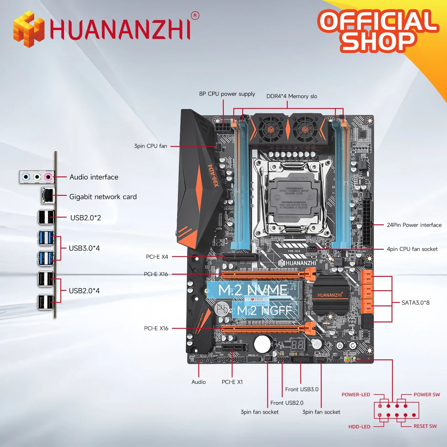 HUANANZHI X99 AD4 LGA 2011-3 XEON X99 메인보드는 인텔 E5 2640 2666 2670 2678 2696 V3 V4 DDR4 RECC NON-ECC NVME SATA를 지원합니다.