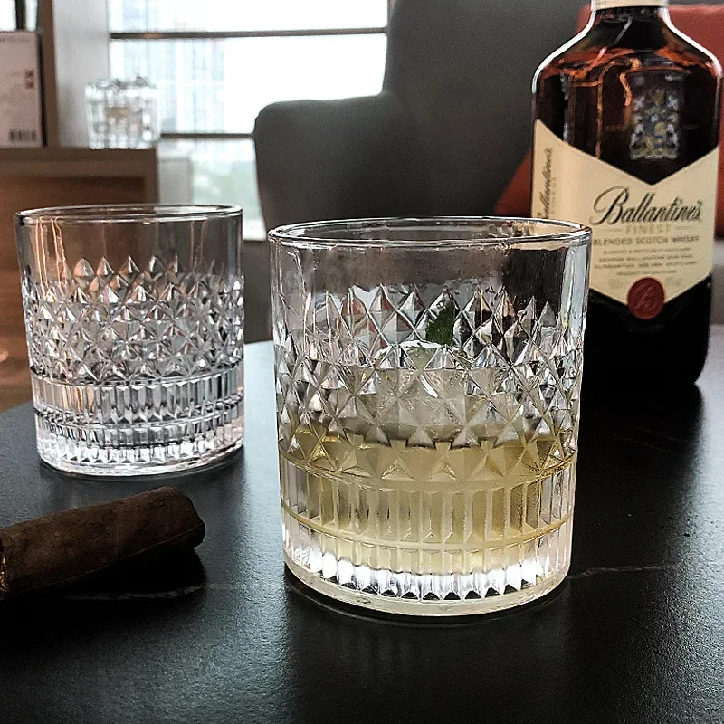 335ml Whiskey Glass Vertical Grain Transparent Crystal Glass Wine Cups Brandy Classical Wine Drinkware Relief Drinking Cup
