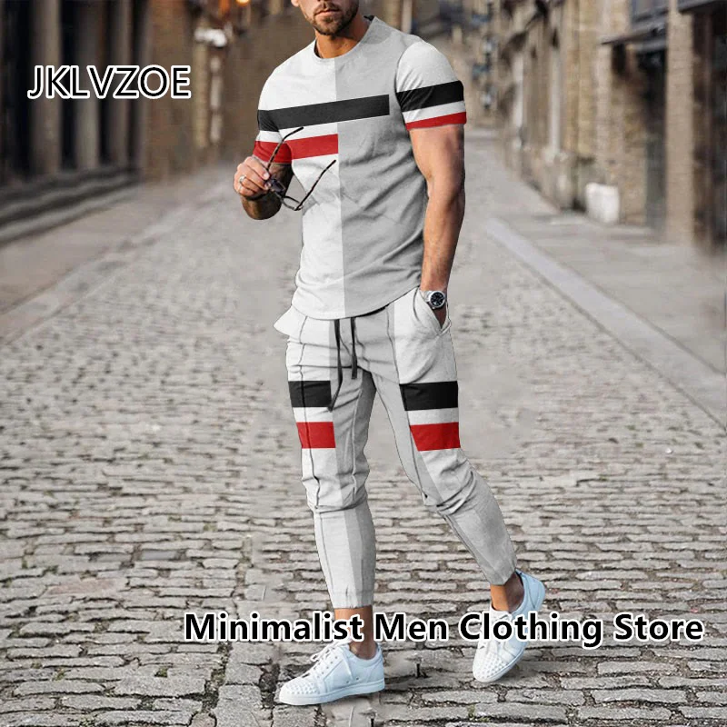 2023 Men's Trousers Tracksuit 2 Piece Set Fashion Sportswear Summer Stripe Print Short Sleeve T Shirt+Long Pants Male Clothing