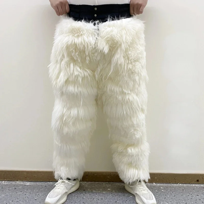 

High Waisted Woolen Pants Men Thickened Warm Winter Trousers Fur Lining Long Wool Outdoor Snow Men's Clothing Baggy