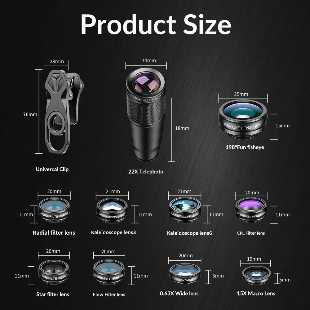 10 in 1 Mobile Phone Lens Kit 22X Telephoto Fisheye Lens Wide Angle Macro Lens+CPL Star Flow Filters APEXEL All Smartphones