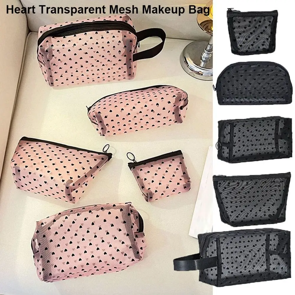 Heart Transparent Mesh Makeup Bag Black/Pink Multifunction Women Cosmetic Storage Pouch Portable Lipstick Organizer Bags