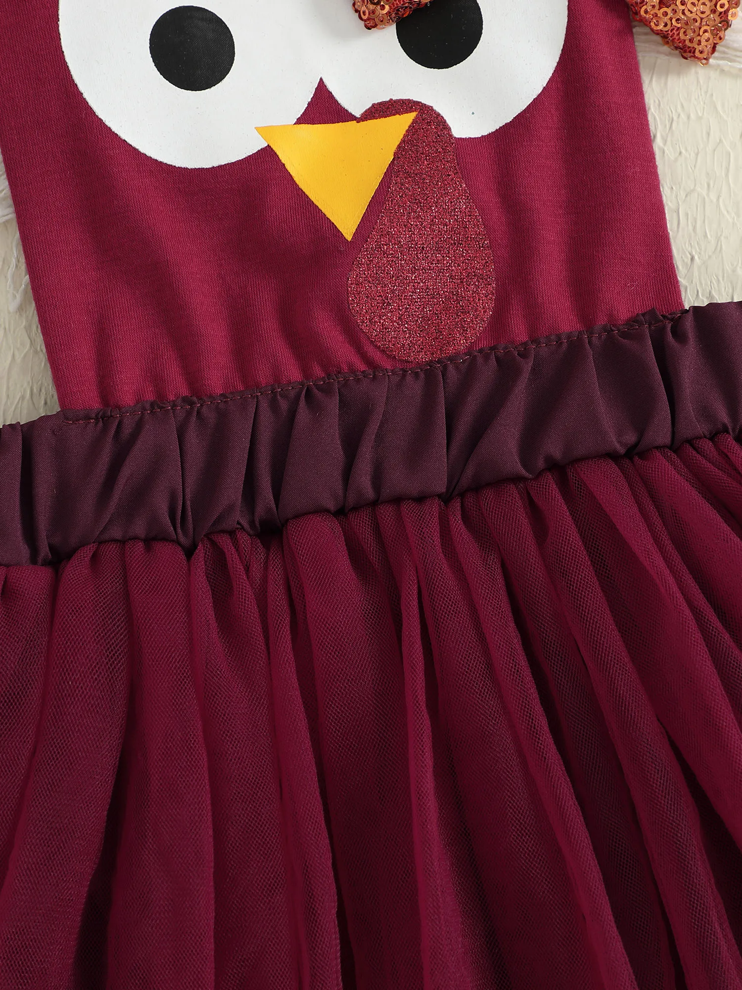 FOCUSNORM 0-18M Schöne Baby Mädchen Thanksgiving Strampler Kleid Rüschen Fly Sleeve Mesh Patchwork Pailletten Schleife Türkei Overall – Detail 5