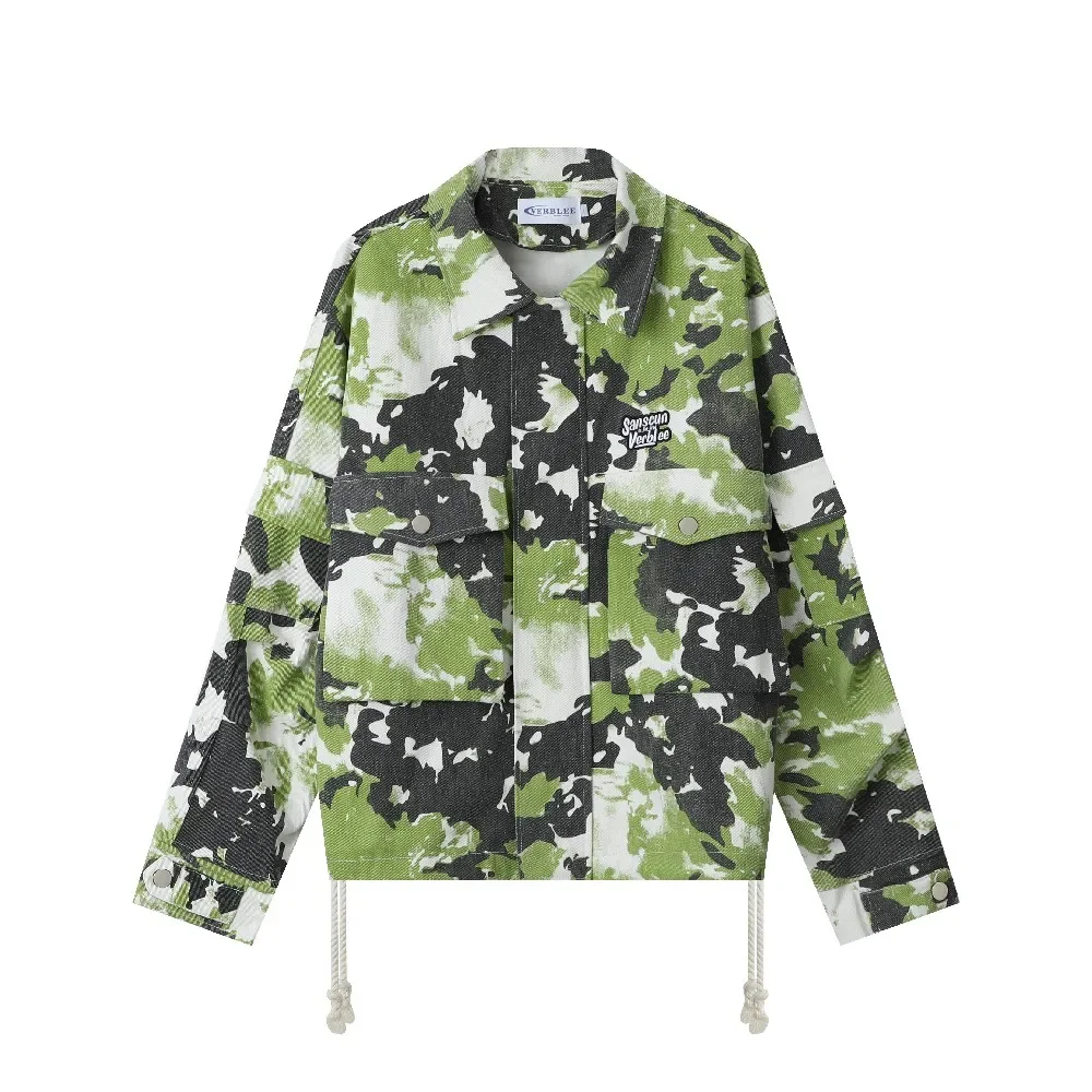 

Design Front Pockets Straps Camouflage Green Denim Coats for Women Men High Street Lover's Couple Winter Clothes Streetwear 2023