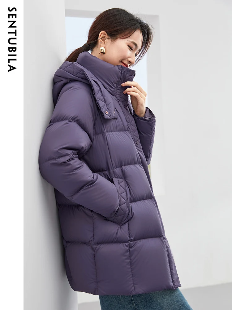SENTUBILA Women's Loose Hooded Down Jacket 2023 Winter Fashion Zipper Mid Length Down Coats Duck Down Warm Outwears W34Y49697