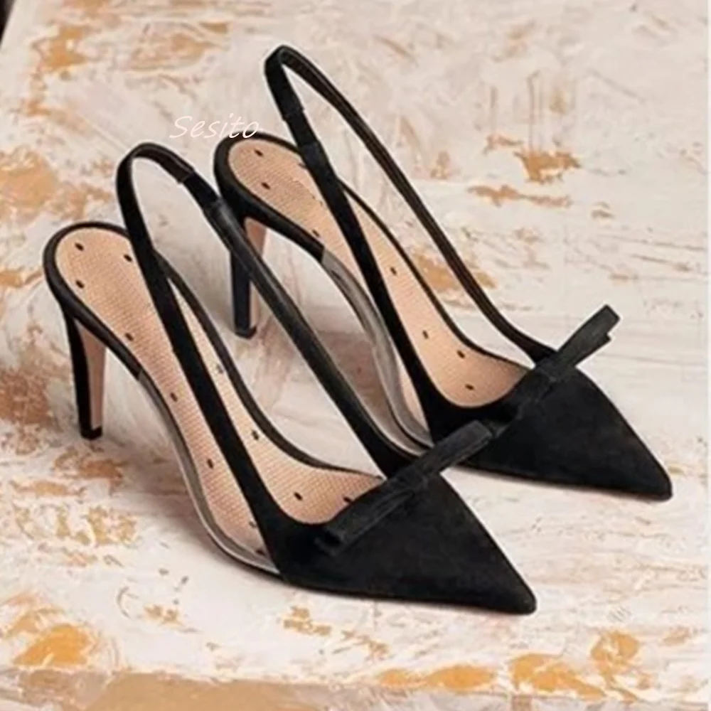 Suede Bow Sandals Pointed Toe Slingback Pvc Edge Stiletto Heel Fashion Sexy Women Party Dress Hollow Casual Shoes Summer