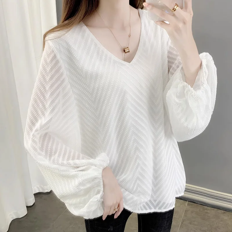 

Fashion Loose V Neck White Chiffon Shirt Women 2023 Elegant Lantern Sleeve Blouse Woman Autumn Vintage Casual Blouses Tops 23494