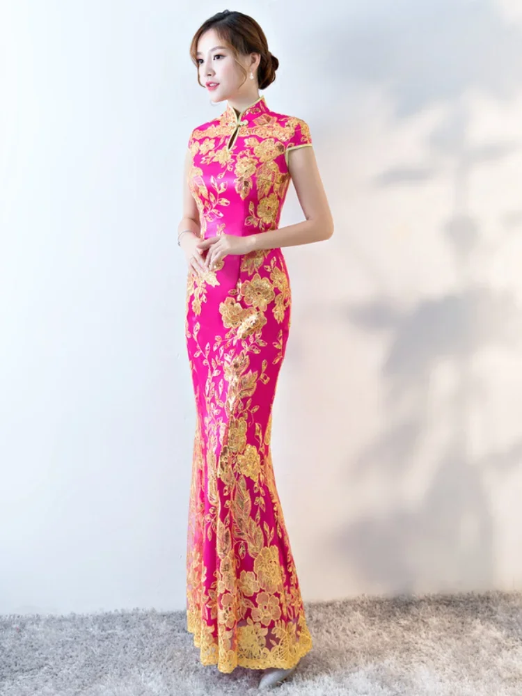 Chinese Traditional Dress Women's Slim Cheongsam Embroidery Sequins Modern Oriental Long Qipao Evening Dresses