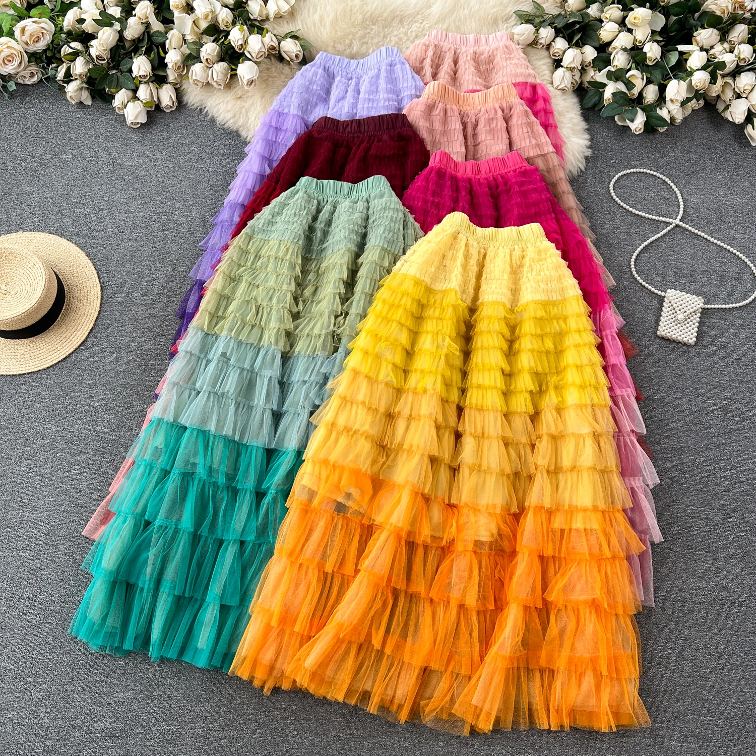 

Women Chic Pleated Asymmetric Gradient Tiered Skirt High Waist Elegant Korean Fashion A-line Skirt Casual Summer Clothing