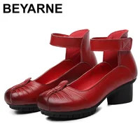 BEYARNE  Spring Autumn National Style Women Leather Shoes With A Square Med Heel Woman Round Toe Ankle Strap Pumps Shoes New 1