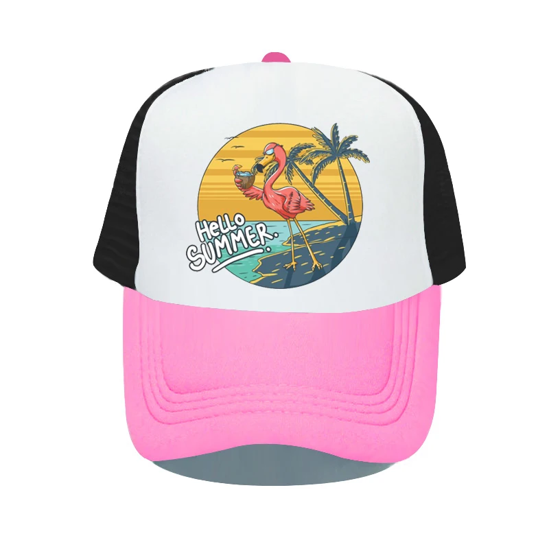 Hello Summer Beach Vacation Mesh Baseball Cap Cool Flamingo Drinking Coconut Snapback Caps Sea Gull Mew Sunset Trucker Hat YY534 5