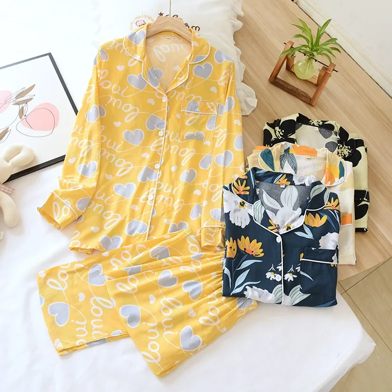 

Spring Viscose Pajama Set Long Sleeve Print Sleepwear Lapel Two Piece Set Summer Loungewear Loose Pajamas for Women Home Wear