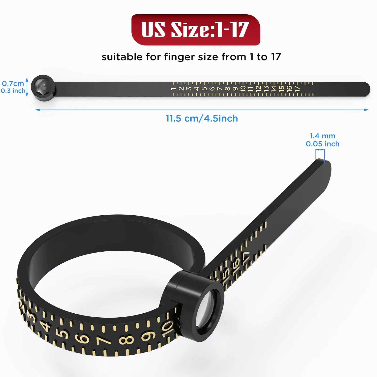 Ring Sizer, Sizer Measuring Tool, Finger Size Tape with Magnified Glass,  Clear and Accurate Jewelry Sizing Tool 1-17 USA Rings - Walmart.com