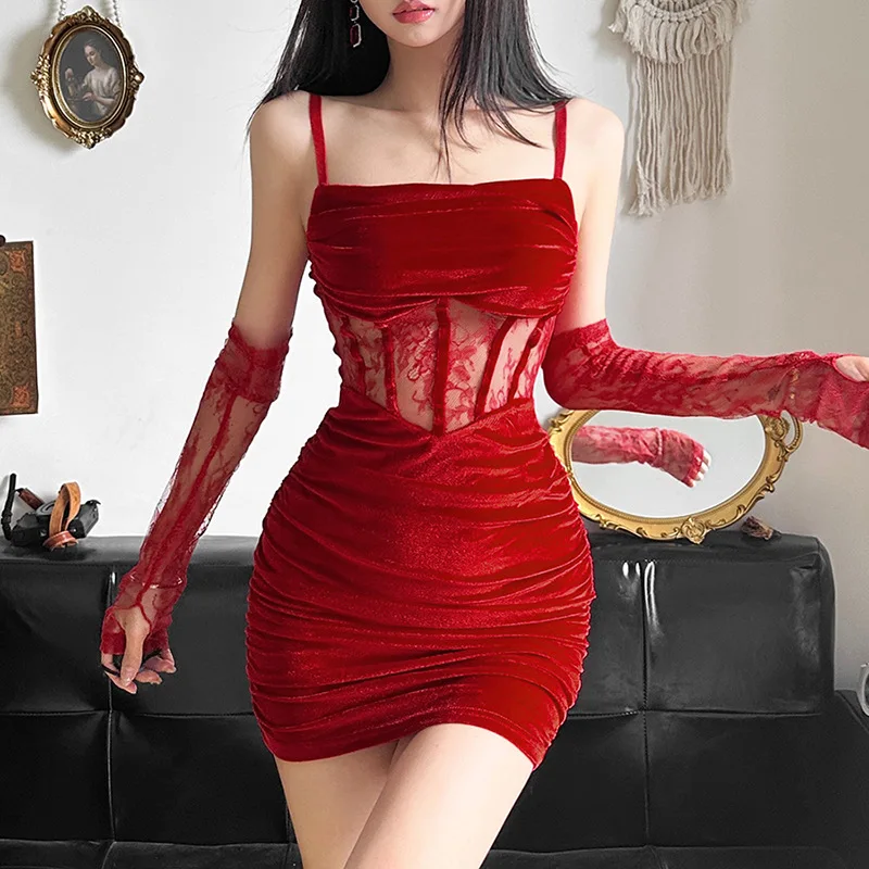 Nibber Winter Bachelor Party Solid Coquette Velvet Tight Sexy Fit Hot Mature Charm Women Fishbone Sling Dress With Lace Sleeve
