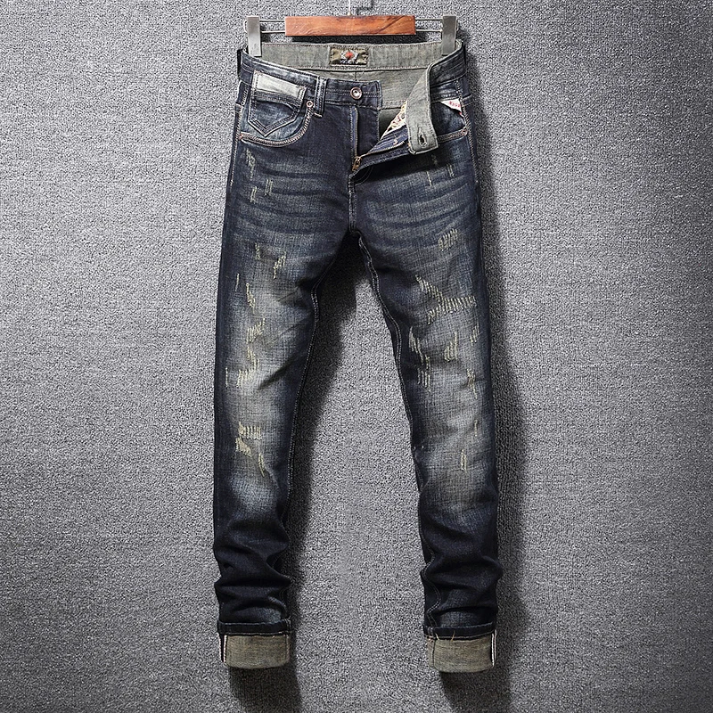 Newly Designer Fashion Men Jeans Retro Black Blue Elastic Slim Fit Ripped Jeans Men Trousers Vintage Casual Denim Pants Hombre