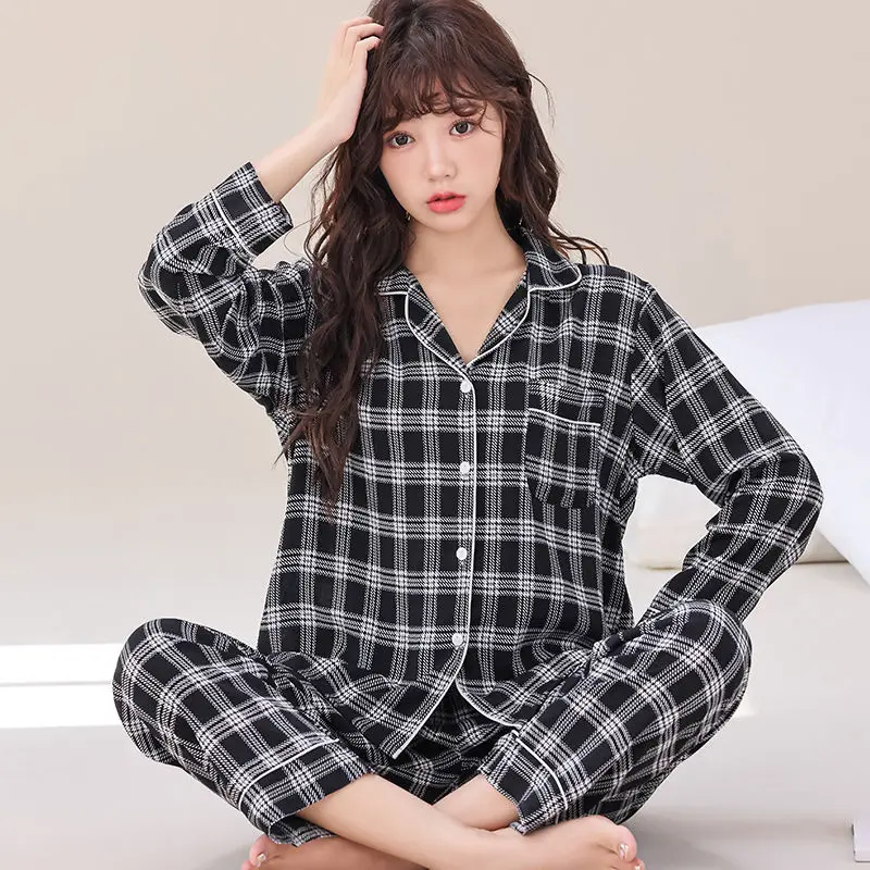 women s pajamas set cotton sleepwear cardigan lapel button polka dot loungewear comfortable breathable homewear pyjamas autumn 2024 New Women Thin Sweet Cardigan Pajamas Set Spring Cotton Plaid Casual Student Homewear Suit Loose Lapel Breathable Sleepwear