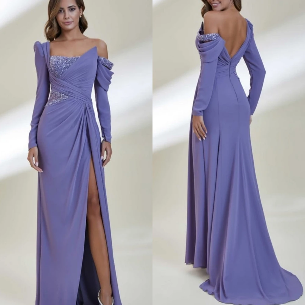 

Jersey Pleat Sequined Cocktail Party Sheath Off-the-shoulder Bespoke Occasion Gown Midi Dresses