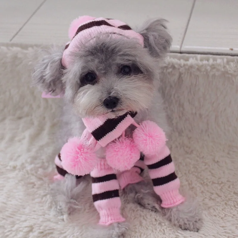 Rainbow Stripe Knitted Dog Scarf Winter Warm Hat Footwear Sloves 1 Set(hat + scarf + leg Warmers) Pet Clothes Accessories dog costume set