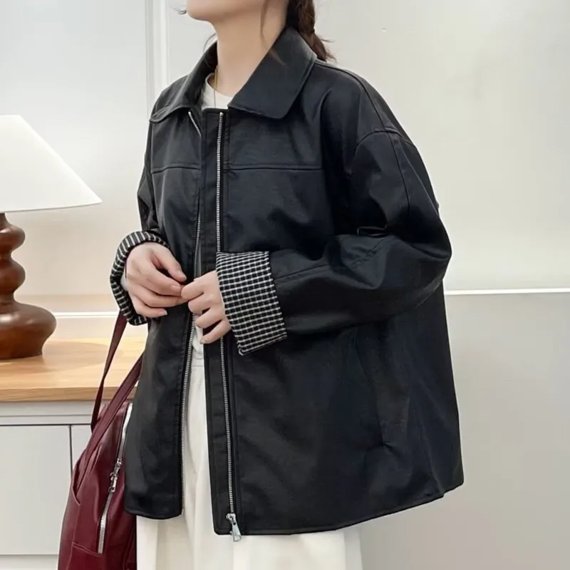 Fashion Plus Size Women's PU Leather Jacket Autumn New Style Plaid Cuffs Casual Loose Black Zipper Coat 2532