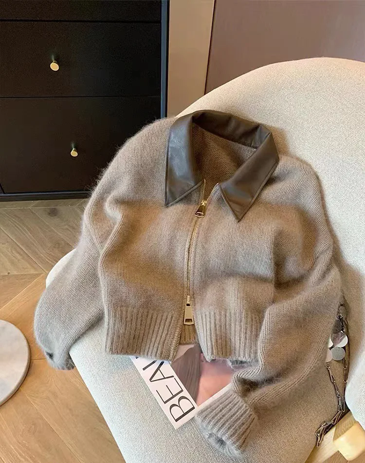 

Retro knitted pullover women's classic oversized sweater lapel long-sleeved cardigan double-ended zipper clothing